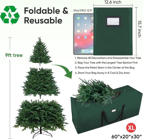 BALEINE Christmas Tree Storage Bag - Heavy Duty 9 ft Extra Large with Reinforced Handles & Dual Zippers (Green)