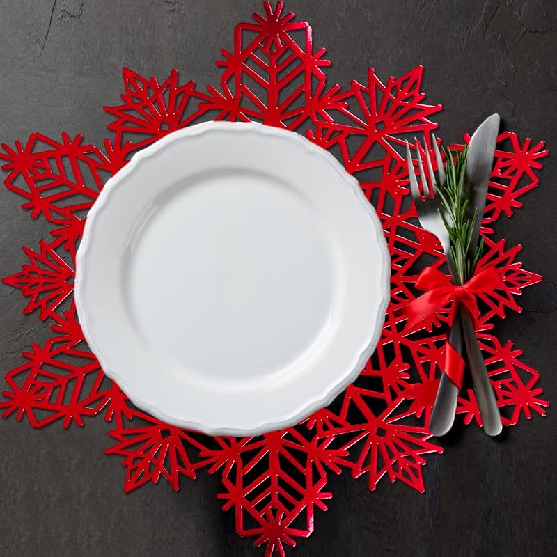 Snowflake Placemats Set of 6 Red Round Vinyl Table Mats - 15x15 inch (Variation: Red+6PCS)