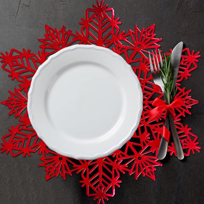 Snowflake Placemats Set of 6 Red Round Vinyl Table Mats - 15x15 inch (Variation: Red+6PCS)