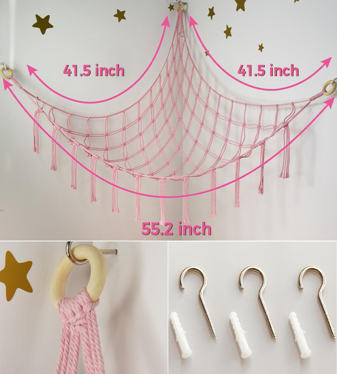 Skiennix Stuffed Animal Storage Hammock - Pink Corner Net for Cute Toy Organization | Boho Decor