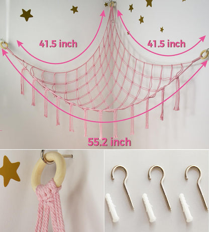 Skiennix Stuffed Animal Storage Hammock - Pink Corner Net for Cute Toy Organization | Boho Decor