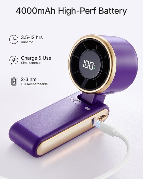 Bearwind Portable Handheld Turbo Fan - 5 Gear High Speed 4000mAh Rechargeable Mini Personal Hand Fan Blow Cold Air, Battery Operated Travel Essentials, Beach Vacation, Gifts for Women, Men (Purple)