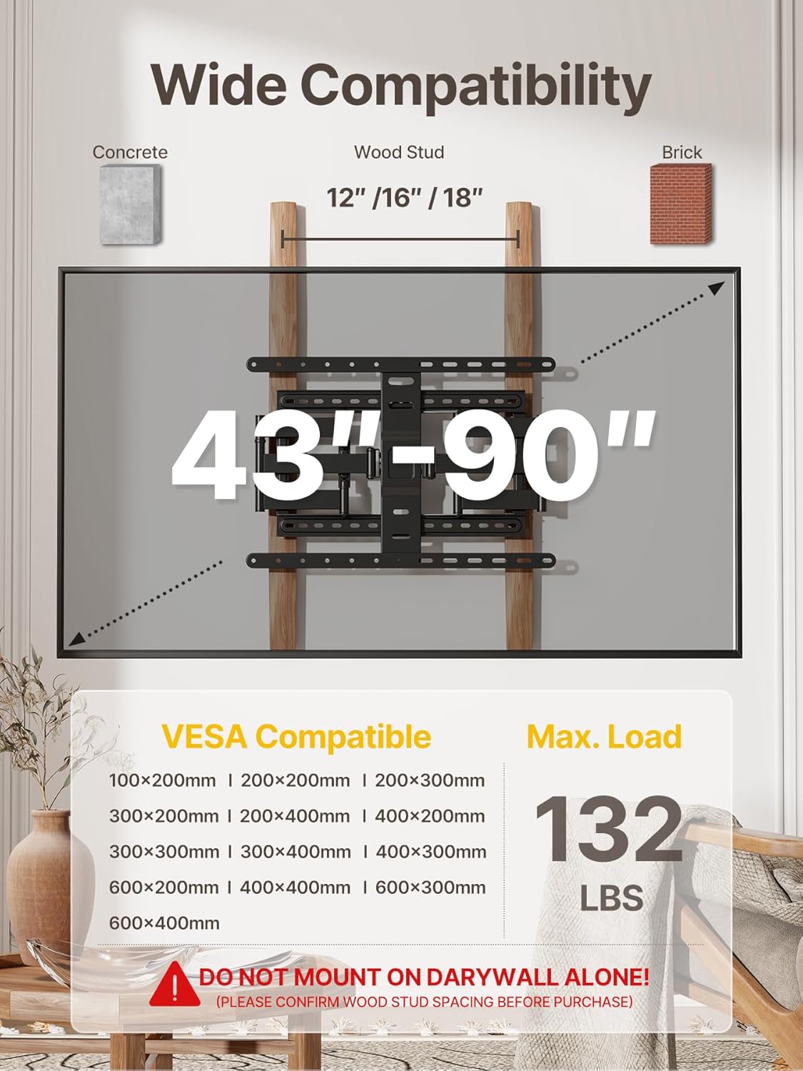 monTEK Ultra Slim TV Wall Mount - Full Motion Bracket for 43-90 Inch TVs | 1.1" Thin Design | Dual Swivel Arms | Max VESA 600x400mm | Supports 132lbs