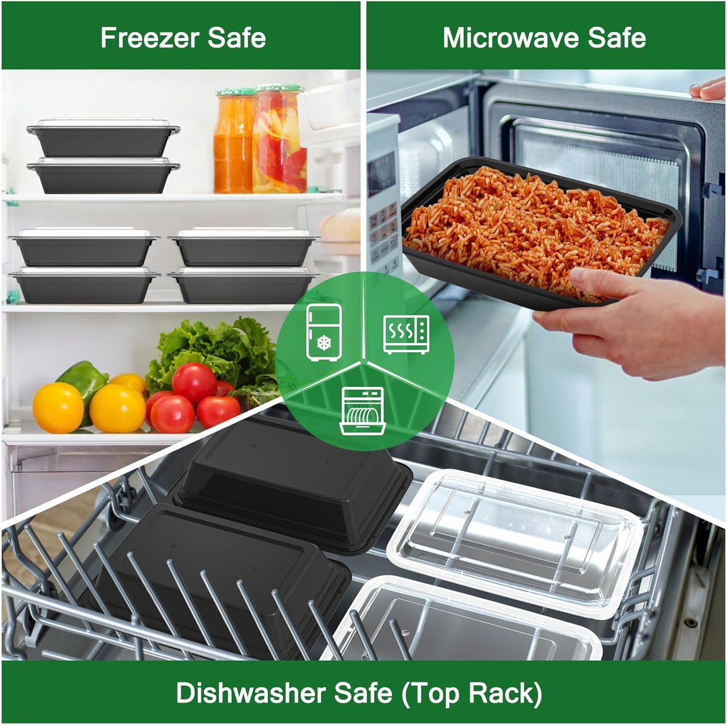 Regine Switzerland 32 oz Meal Prep Containers - 50 Pack of Reusable, Leakproof Food Storage Pans | Microwave & Dishwasher Safe, Black