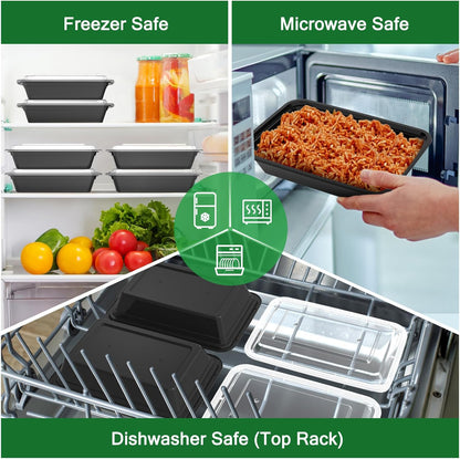 Regine Switzerland 32 oz Meal Prep Containers - 50 Pack of Reusable, Leakproof Food Storage Pans | Microwave & Dishwasher Safe, Black