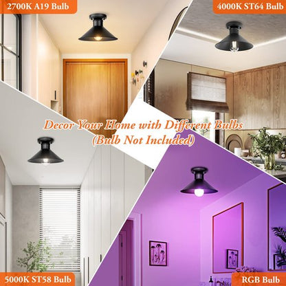 Brightever 2-Pack Industrial Semi Flush Mount Ceiling Lights, Matte Black Farmhouse Light Fixtures, Close to Ceiling Lights for Kitchen, Laundry Room, Entryway, Hallway E26 Base, Bulb not Included