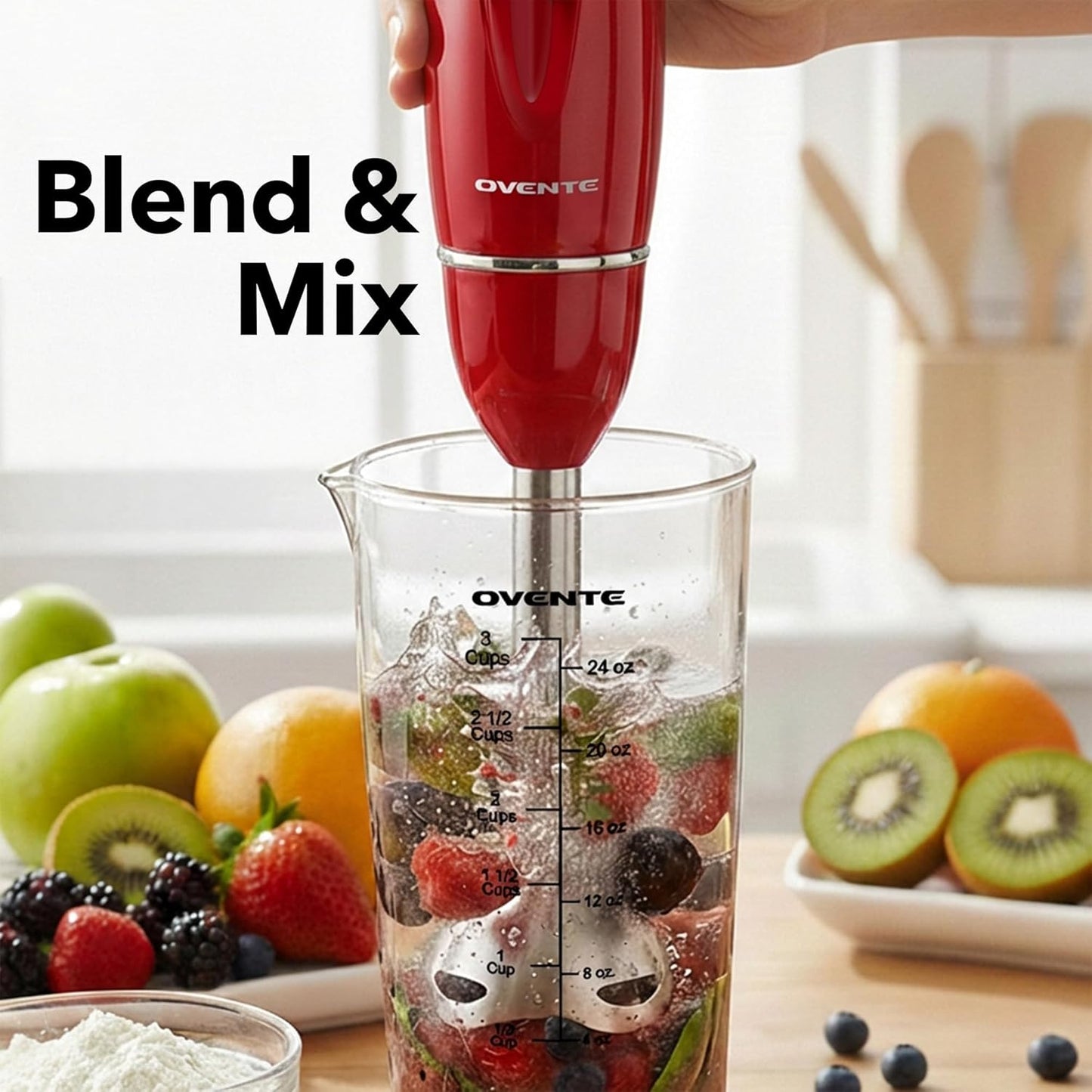 OVENTE Immersion Hand Blender Set - 300W Electric Stick Mixer with Stainless Steel Blades & Accessories, Red HS565R