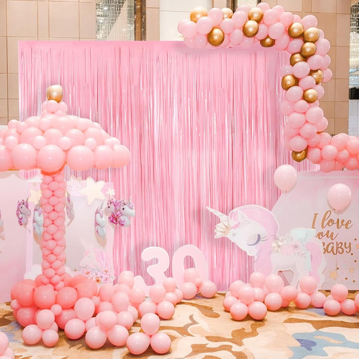 Pastel Pink Metallic Tinsel Foil Fringe Curtains - 2 Pack 3.3x8.3 Feet Backdrop for Weddings & Parties