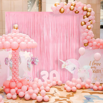 Pastel Pink Metallic Tinsel Foil Fringe Curtains - 2 Pack 3.3x8.3 Feet Backdrop for Weddings & Parties
