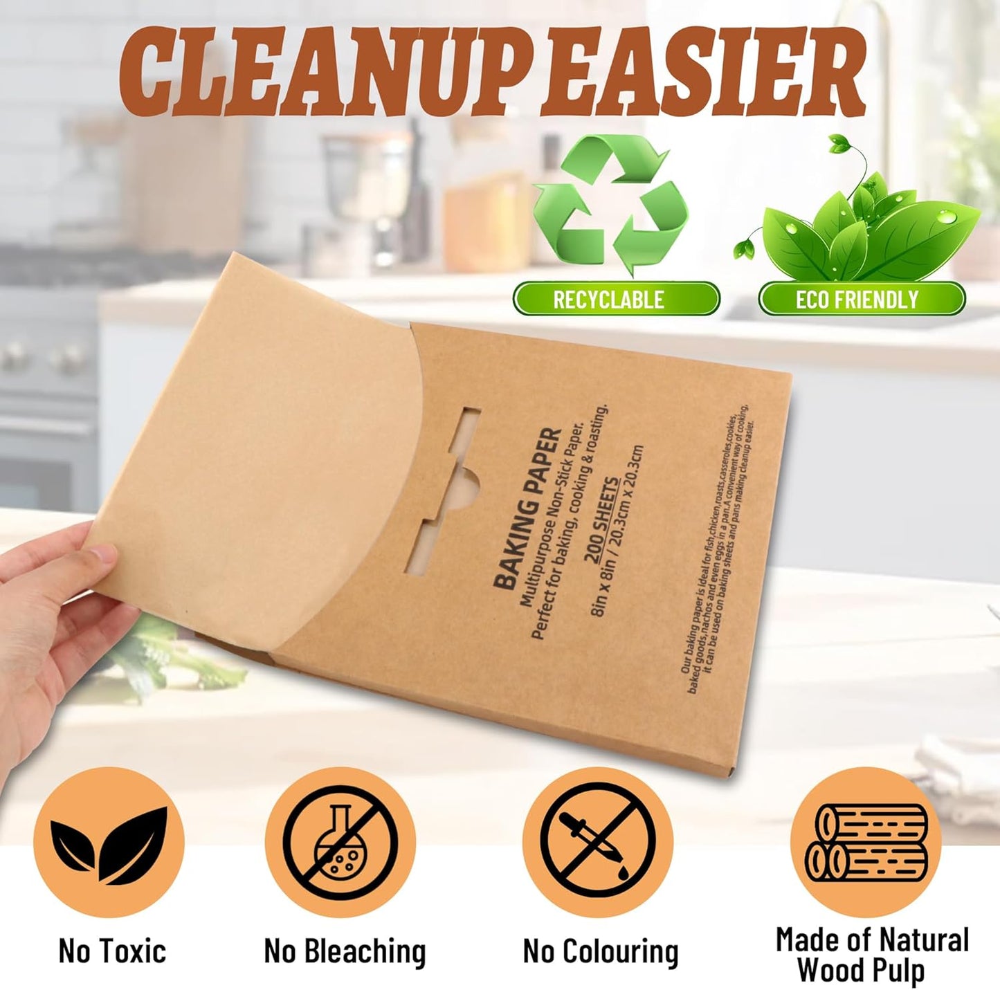 Skiennix Parchment Paper Sheets - 200 Pcs Precut 8x8 Inch Non-Stick Baking Liners | Greaseproof & Unbleached