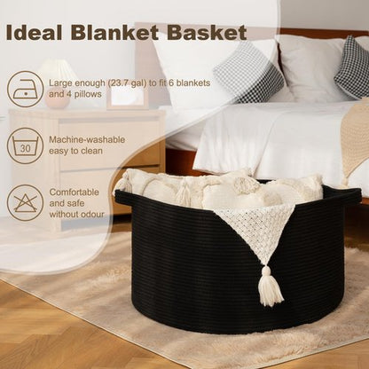 OIAHOMY 90L Blanket Basket for Living Room, Large Basket 23" x 23" x 13" with Handle, Laundry Hamper for Blankets, Pillows, Toy Storage for Kids, Dogs - Black