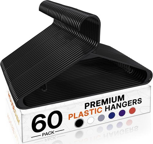 HOUSE DAY Black Plastic Hangers - 60 Pack Non-Slip Durable Clothes Hangers | Space-Saving Closet Organizer