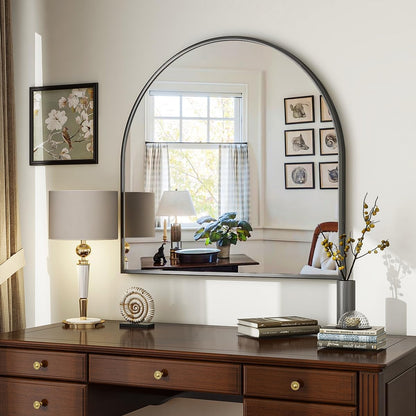 VooBang Wide Arched Wall Mirror - 31 x 32 Inch Modern Bathroom Vanity Mirror in Black | Stylish Metal Frame