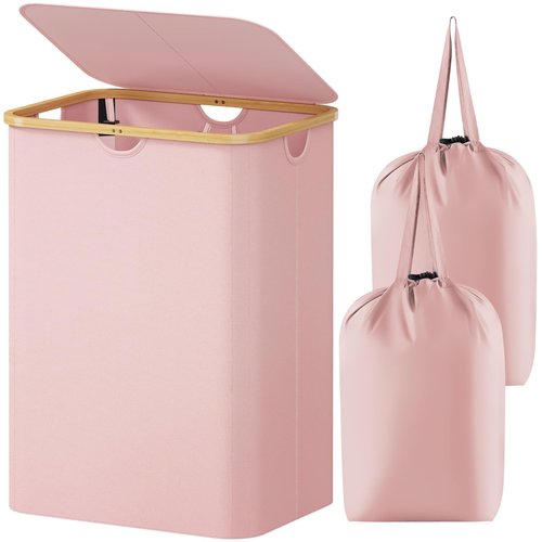 Lifewit 150L Laundry Basket with Lid, Clothes Hampers for Laundry with Bamboo Handles and 2 Removable Bag, Large Foldable Laundry Hamper for Bedroom, Bathroom, Dorm, Laundry Room, Pink