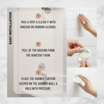 4 Pack Self Adhesive Shower Curtain Clips – Wall Mounted Clips Keep Curtain Closed and Contain Water Inside Shower – Easy Install Bathroom Splash Guards – Shower Accessories (Bright White)