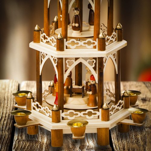 German Christmas Decoration Pyramid - 21-Inch Wood Nativity Scene Set - 3-Tier Carousel with Candle Holders