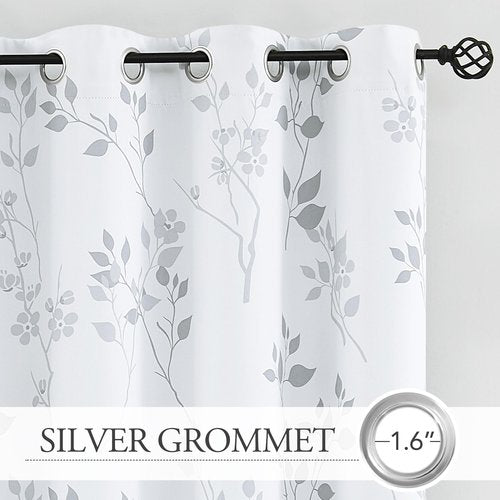 Beauoop Floral 100% Blackout Curtains 63 Inch Length 2 Panels for Bedroom Living Room Grey White Flower Patterned Room Darkening Thermal Insulated Soundproof Grommet Window Treatments Drapes, 52X63