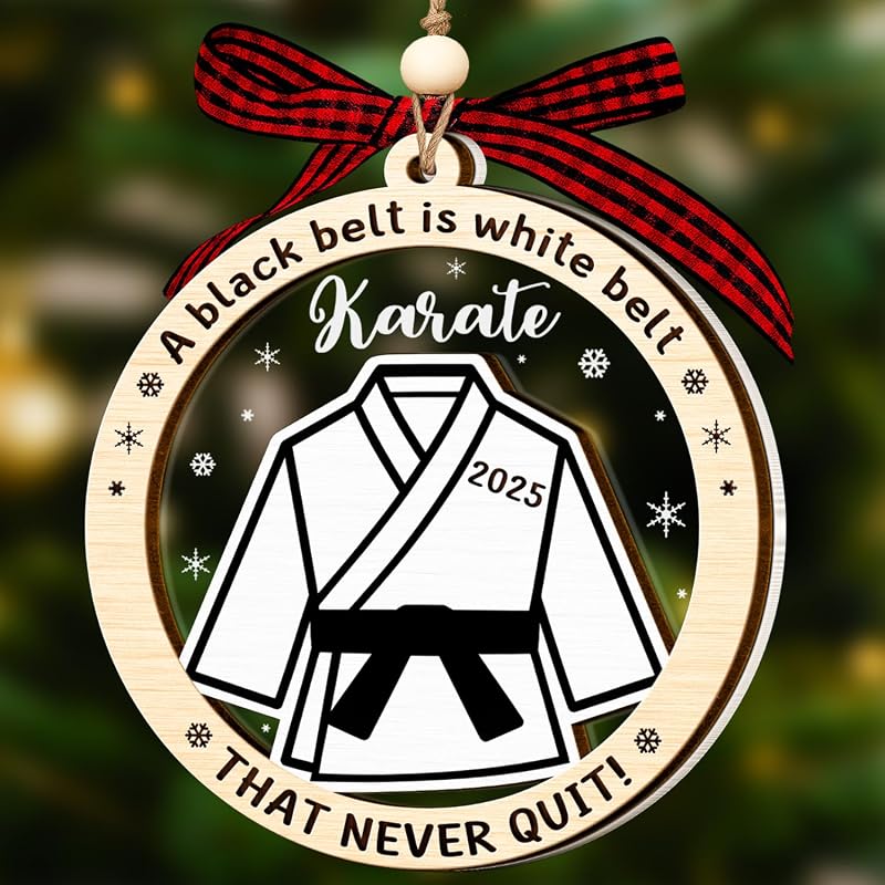Karate Black Belt Ornament – Wooden & Acrylic 2-Layer Xmas Decoration for Karate Lovers