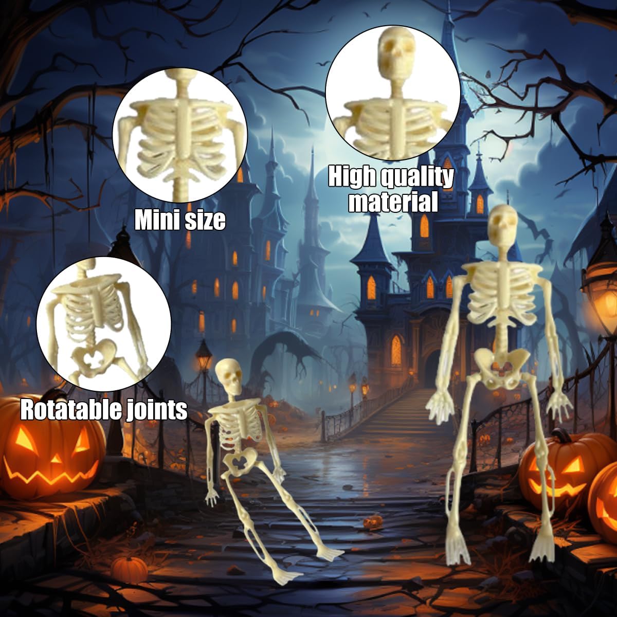 Skiennix Mini Skeletons - 20 Pcs Posable Halloween Figurines | 6" Plastic Decorations for Parties