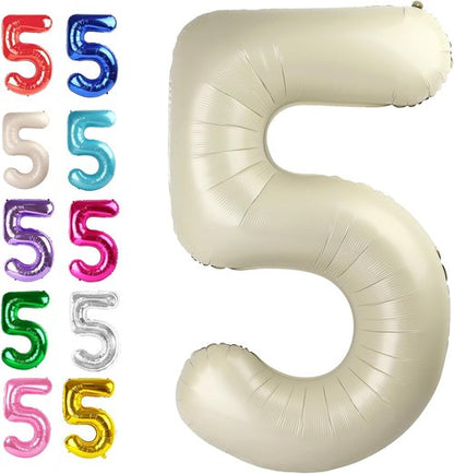 Large Number 5 Birthday Balloon by Cream White - Foil Mylar Helium Decoration for 5th, 15th, 25th, 35th, 50th, 55th Celebrations