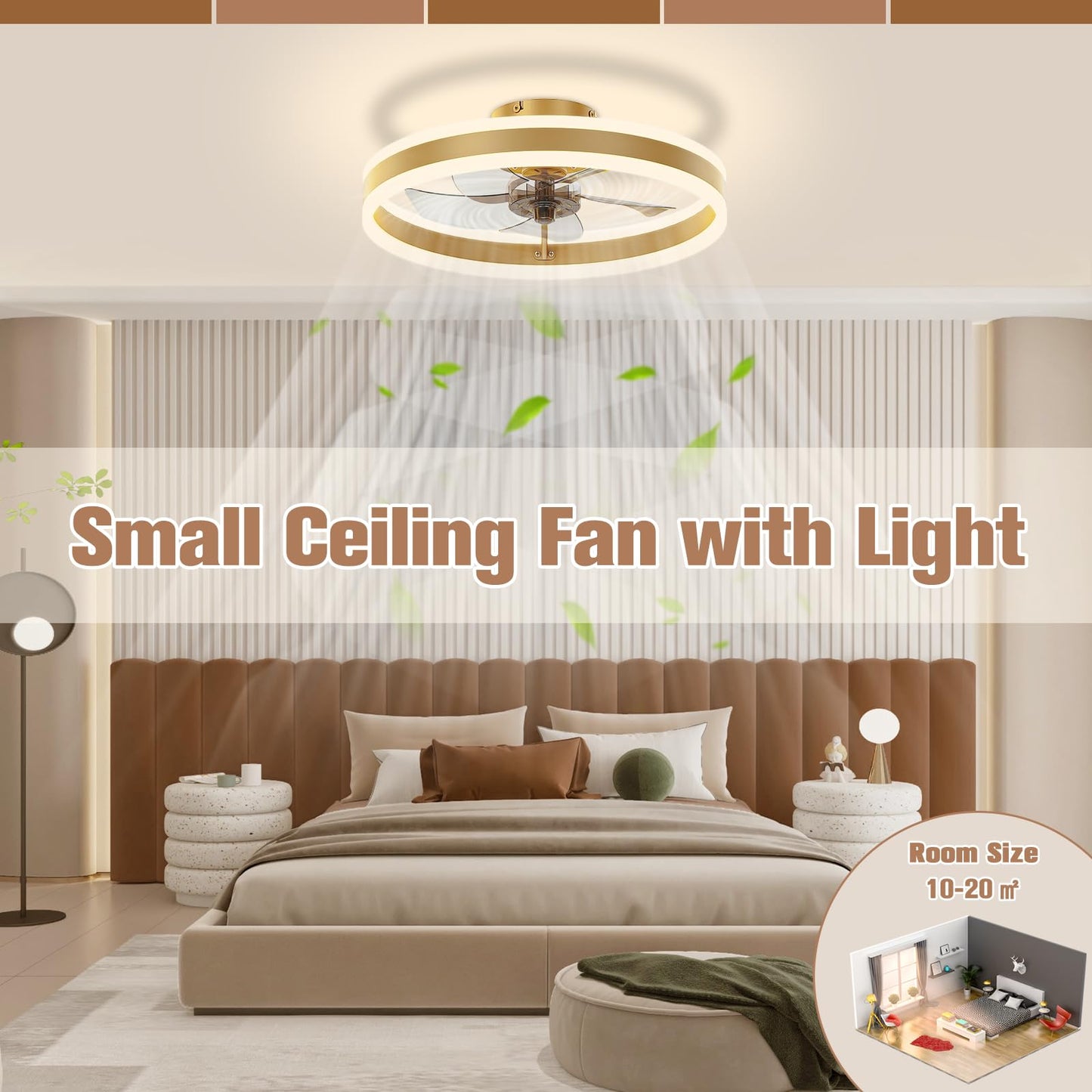 VOLISUN Fandelier Ceiling Fans with Lights and Remote, 15.7in Low Profile Ceiling Fan Flush Mount, 3000K-6500K Dimmable Bladeless Ceiling Fan with Light, Gold Ceiling Fans with Lights for Bedroom