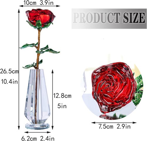 HDCRYSTALGIFTS 10'' Red Crystal Rose Figurine - Elegant Flower Gift for Mom | Collectible Glass Ornament for Home Decor