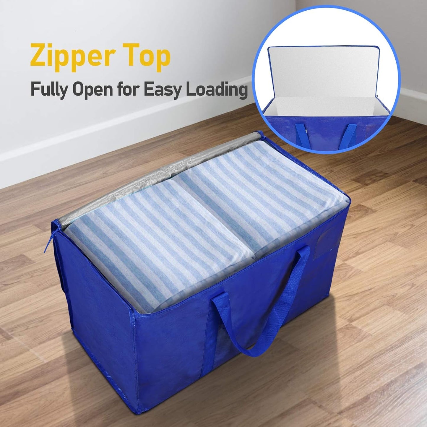 TICONN Extra Large Heavy-Duty Moving Bags - Durable Storage Solution with Zippers & Handles | 4 Pack, Blue