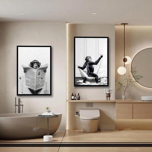 Funny Monkey Painting Poster - Framed Black and White Canvas Art | 12" x 16" for Kids' Bathroom & Bedroom Decor