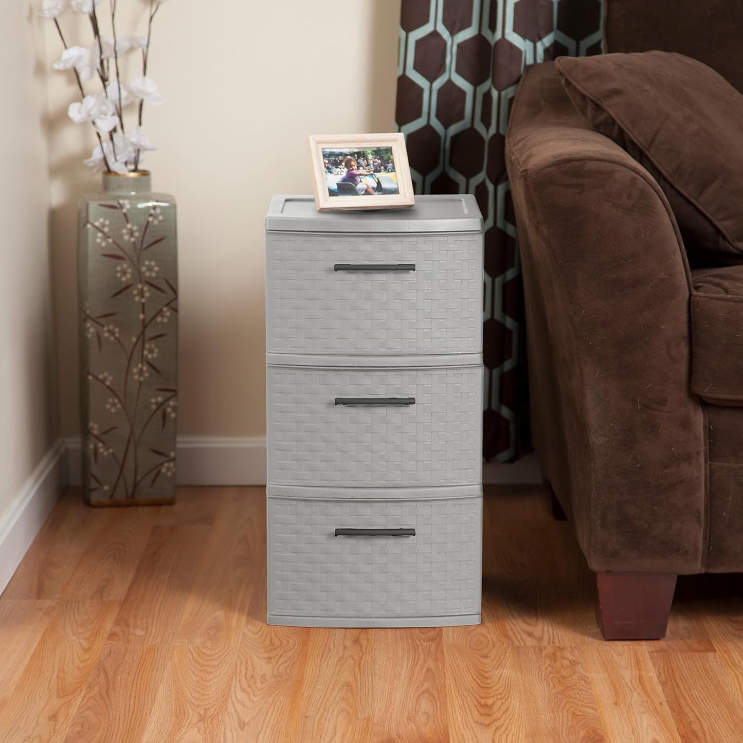 Sterilite 3 Drawer Storage Tower - Lightweight Plastic Weave Organizer in Cement | Ideal for Bedrooms, Closets, Bathrooms