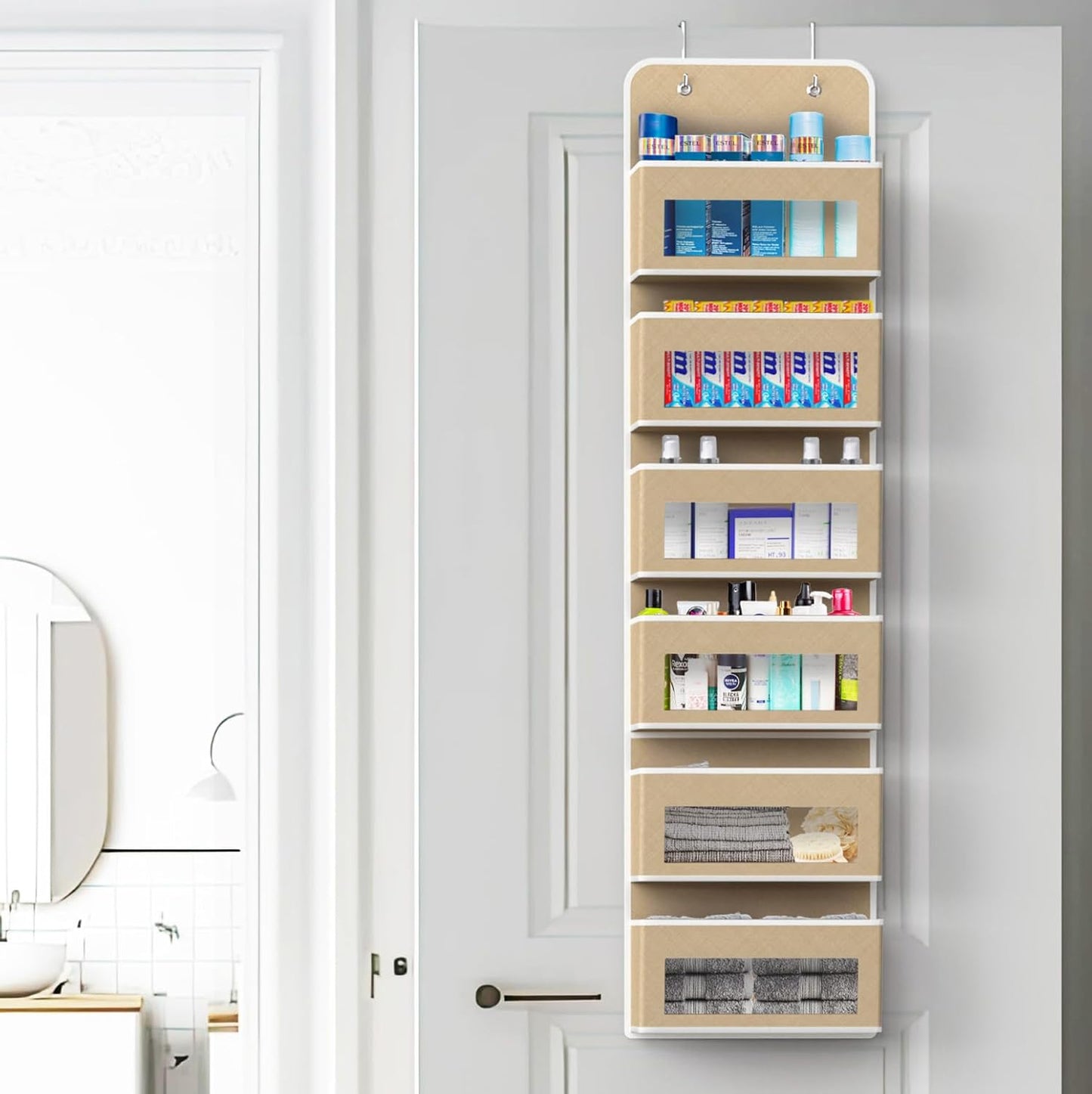 Simple Houseware 6 Pocket Over Door Hanging Organizer - Clear Window Design for Bedroom, Bathroom, Pantry | Beige