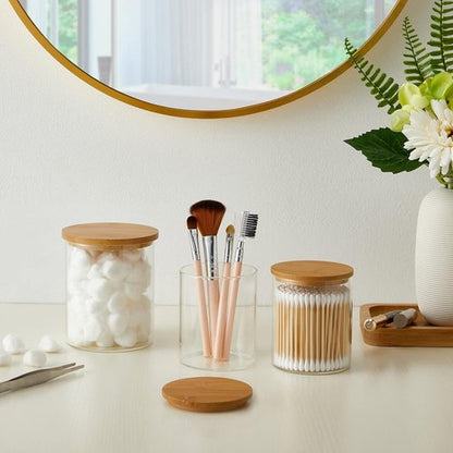 INIUNIK Glass Qtip Holder Dispenser - 2 Pack Bamboo Lid Apothecary Jars for Cotton Swabs & Pads Storage