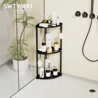SWTYMIKI Corner Shower Caddy - 3-Tier Stainless Steel Organizer Stand with 4 Hooks | Rustproof Black Finish