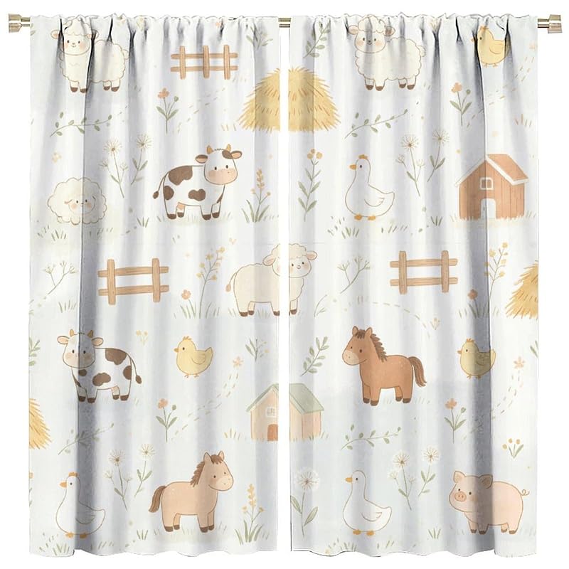 Farm Animal Kids Curtains 63W x 72L Pack of 2 - Light Filtering Nursery Drapes