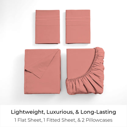 Mellanni Queen Sheets Set - 4 PC Iconic Collection Bedding - Hotel Luxury, Extra Soft, Cooling Bed Sheets - Wrinkle, Fade, Stain Resistant (Queen, Coral)