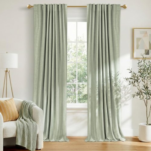 100% Blackout Shield Linen Blackout Curtains for Bedroom 90 Inches Long, Back Tab/Rod Pocket Living Room Drapes, Thermal Insulated Blackout Curtains 2 Panels Set, 50" W x 90" L,Sage Green