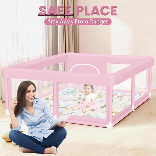 Hiaksedt Large Baby Playpen - Safe & Soft 50"x50" Playpen with Zipper Gates | Pink for Babies & Toddlers