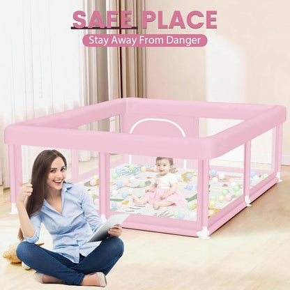 Hiaksedt Large Baby Playpen - Safe & Soft 50"x50" Playpen with Zipper Gates | Pink for Babies & Toddlers