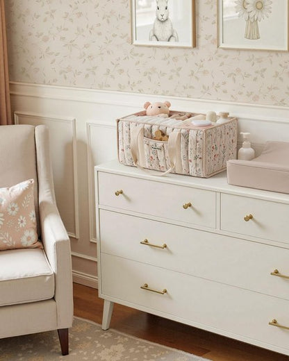 Blissful Diary Floral Diaper Caddy Organizer - Stylish Nursery Storage Basket for Newborn Essentials | Floral Beige