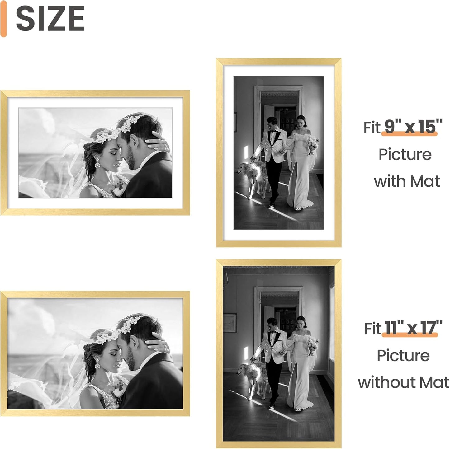 Upsimples 11x17 Picture Frame Set of 5 - Elegant Gold Frames for 9x15 or 11x17 Photos