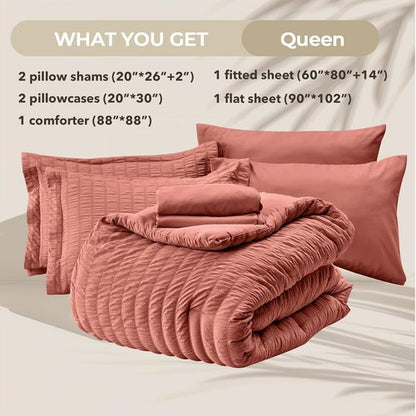 HYMOKEGE Queen Comforter Set - 7-Piece All-Season Luxury Bedding Set in Seersucker Design
