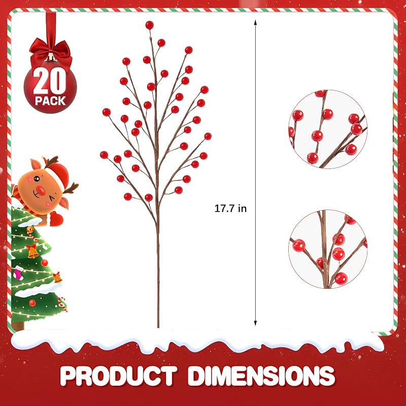 Variation - Breeze Touch 20 Pack Artificial Red Berry Stems 17.7in Faux Holly Berries for Christmas Tree Decor