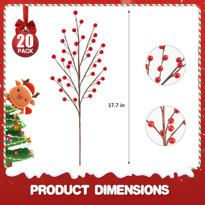 Variation - Breeze Touch 20 Pack Artificial Red Berry Stems 17.7in Faux Holly Berries for Christmas Tree Decor