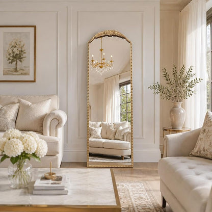 Arched Full-Length Mirror 22x65 in Vintage Gold Beaded Frame - Freestanding or Leaning