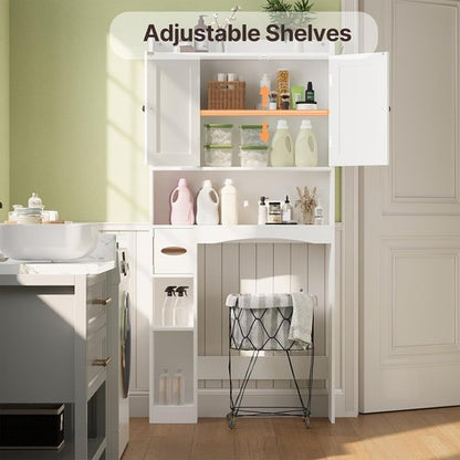 Gizoon Over The Toilet Storage Cabinet - 66'' Tall Bathroom Organizer with 2 Doors & Adjustable Shelf | White