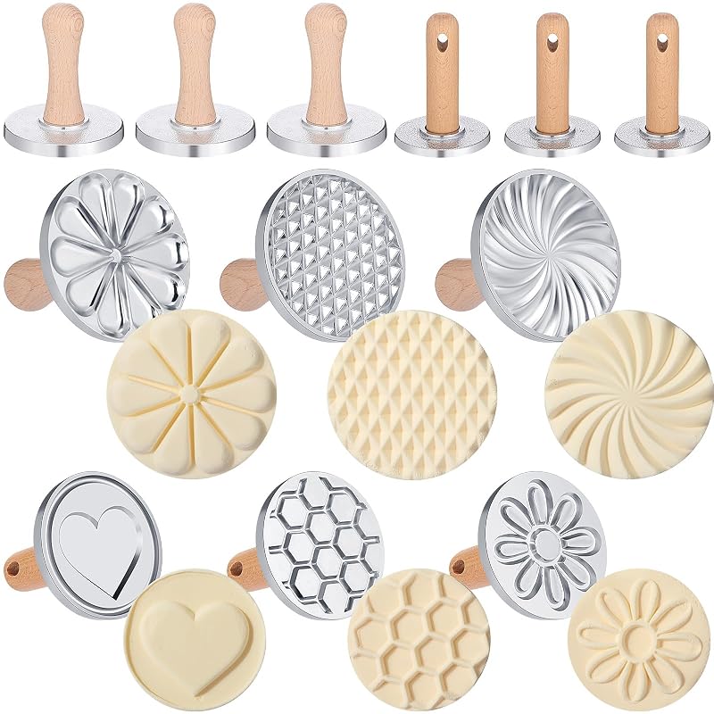 Cookie Stamp Set of 6 with Wooden Handle – Metal Cookie Press Cutters for Embossing