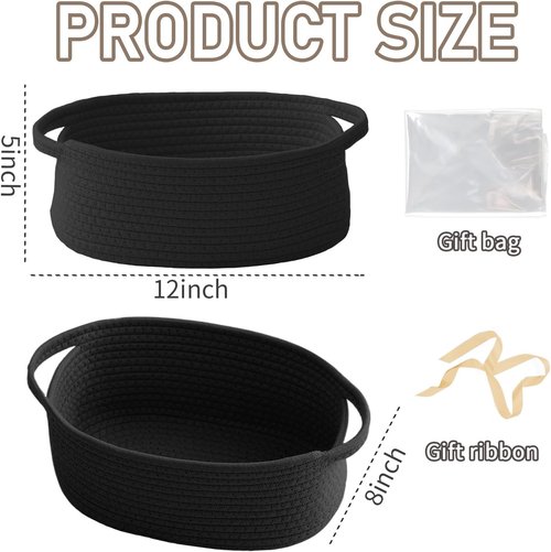 JMvicyroam Woven Basket - Small Rope Storage Bin with Handles for Organizing Shelves & Closets | Black
