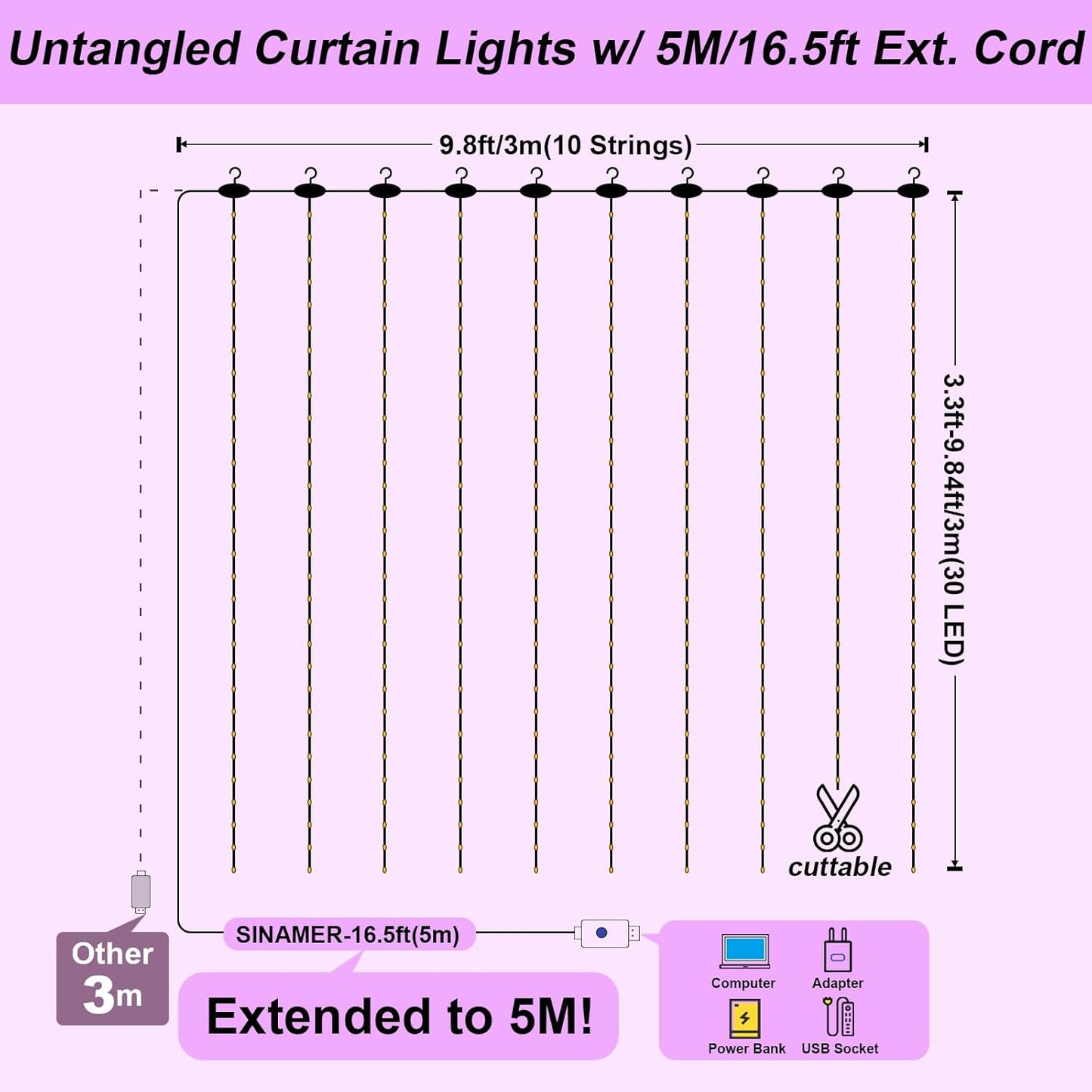 Skiennix Purple Curtain Light - 300 LED Fairy String Lights with Remote Control | 9.8ft x 9.8ft, 8 Modes