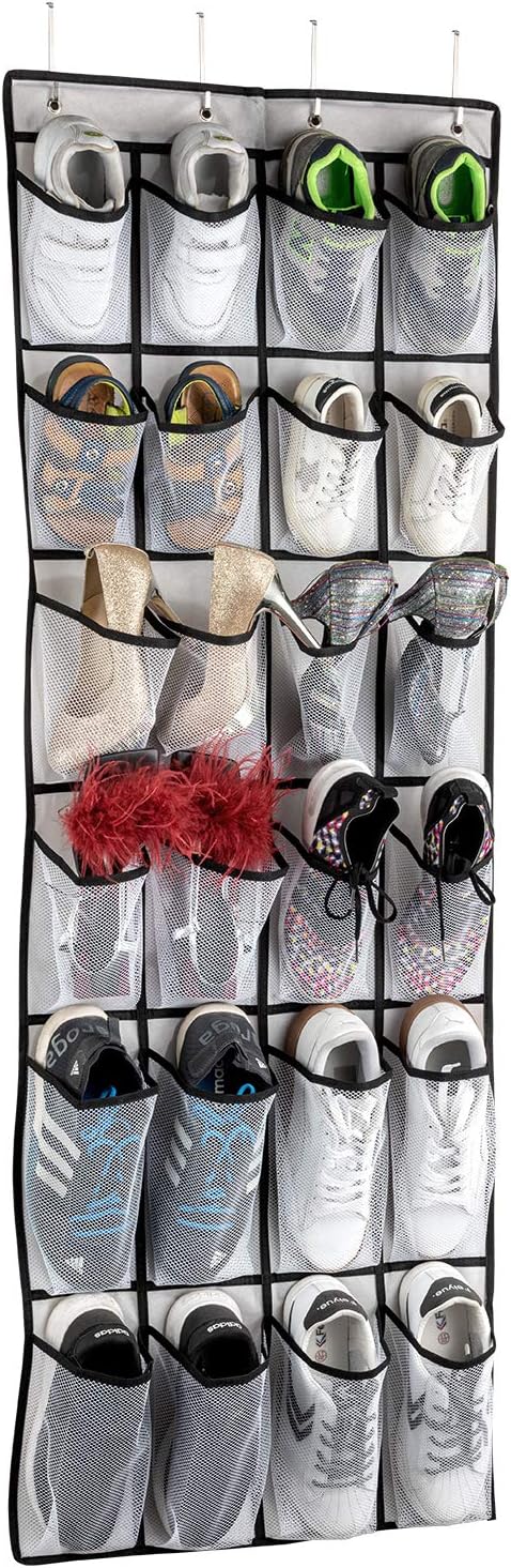 SAVERHO Over The Door Shoe Organizer - 24 Large Mesh Pockets for Easy Storage | White Hanging Rack