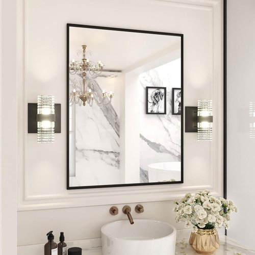 LOAAO Black Rectangle Bathroom Mirror - 28"X36" Matte Black Aluminum Frame, Tempered Glass, Versatile Hanging Options