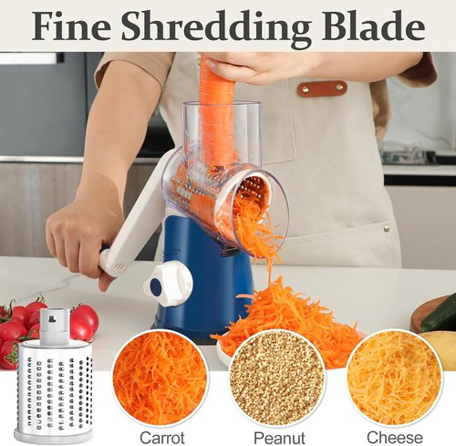 Cambom Rotary Cheese Grater - Hand Crank Shredder for Fresh Cheese & Vegetables | Deep Blue, Five Blades